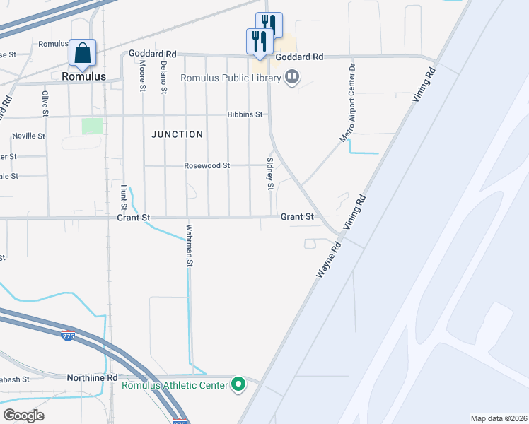 map of restaurants, bars, coffee shops, grocery stores, and more near 11538 Sidney Street in Romulus