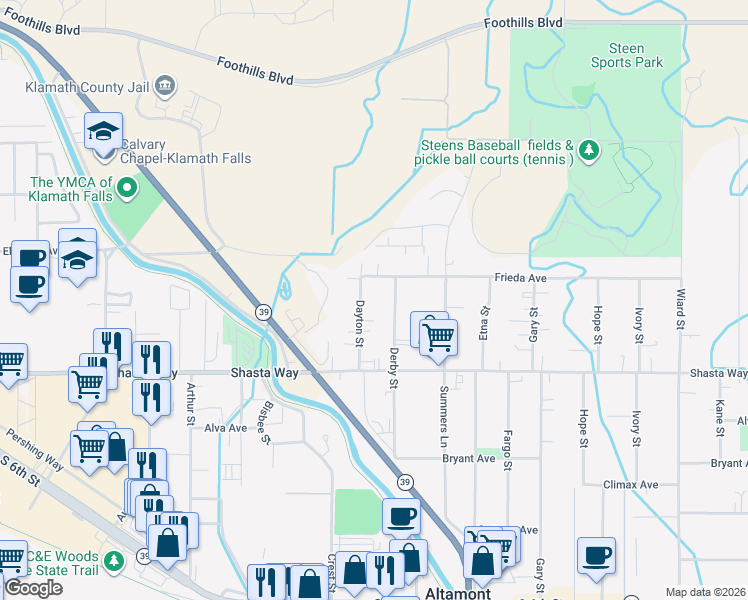 map of restaurants, bars, coffee shops, grocery stores, and more near 1435 Dayton Street in Klamath Falls