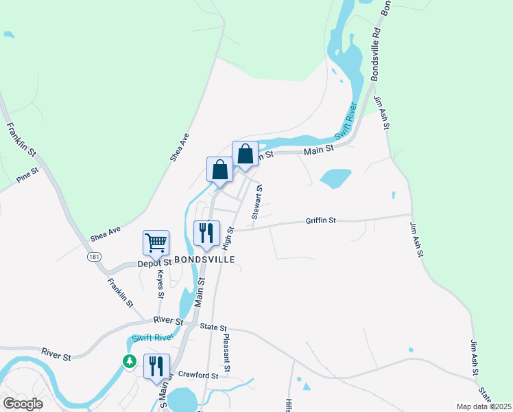 map of restaurants, bars, coffee shops, grocery stores, and more near 84 Stewart Street in Palmer