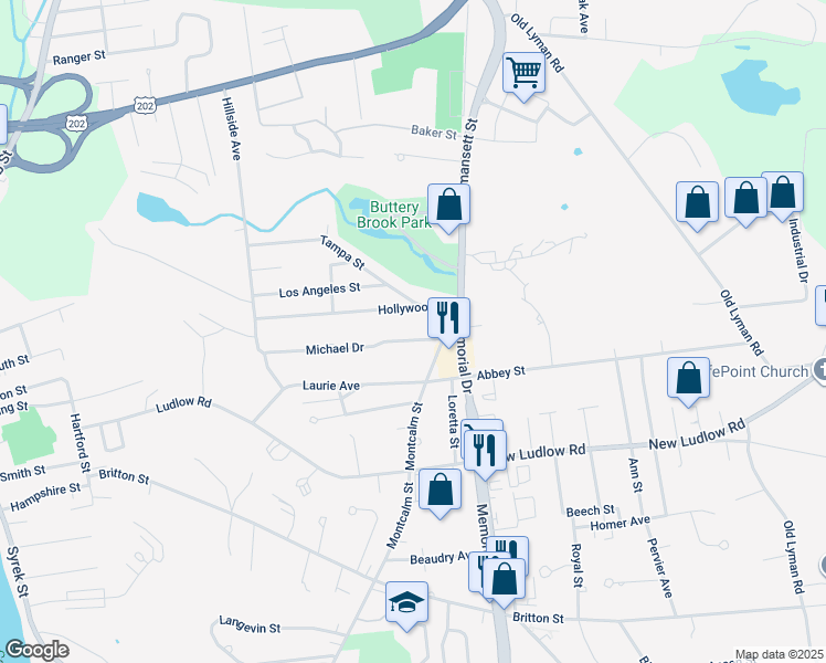 map of restaurants, bars, coffee shops, grocery stores, and more near 8 Michael Drive in South Hadley