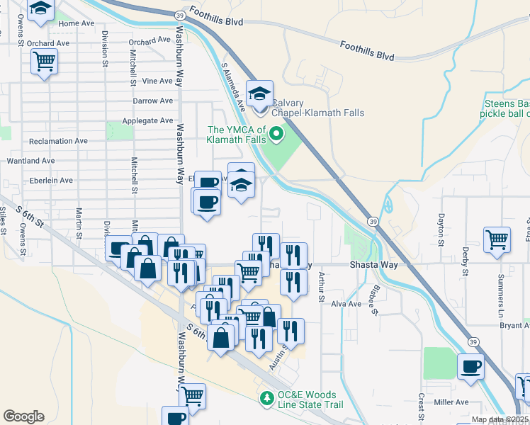 map of restaurants, bars, coffee shops, grocery stores, and more near 1445 Avalon Street in Klamath Falls