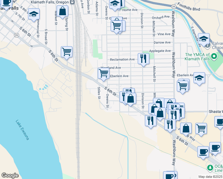 map of restaurants, bars, coffee shops, grocery stores, and more near 2051 Radcliffe Avenue in Klamath Falls