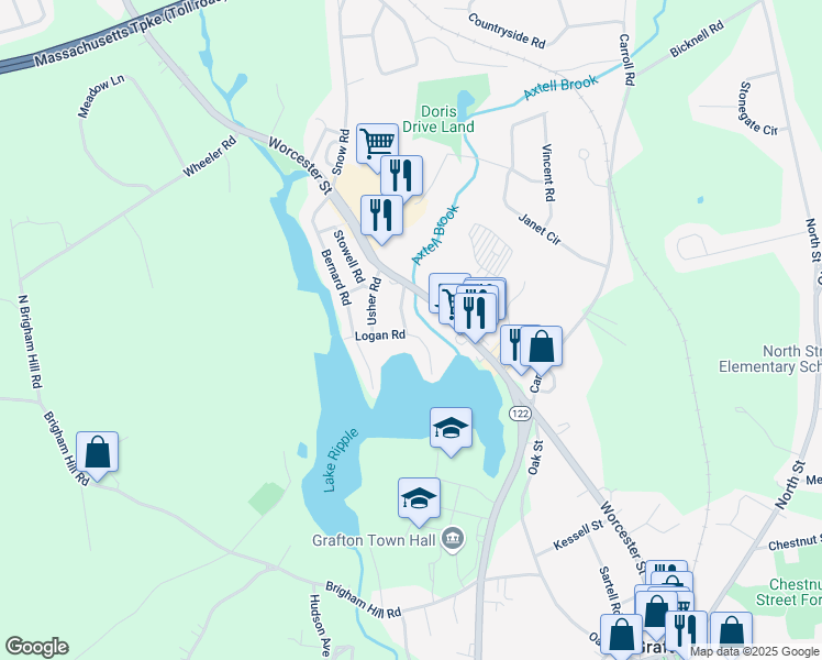 map of restaurants, bars, coffee shops, grocery stores, and more near 14 Logan Road in Grafton