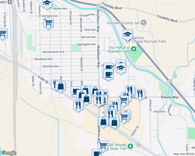 map of restaurants, bars, coffee shops, grocery stores, and more near 2529 Radcliffe Avenue in Klamath Falls