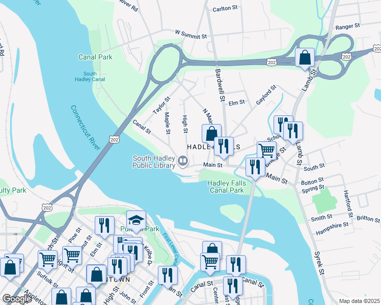 map of restaurants, bars, coffee shops, grocery stores, and more near 13 Canal Street in South Hadley