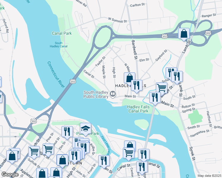 map of restaurants, bars, coffee shops, grocery stores, and more near 13 Canal Street in South Hadley