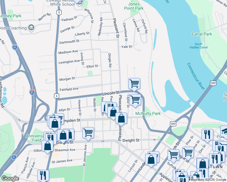 map of restaurants, bars, coffee shops, grocery stores, and more near 53 Lincoln Street in Holyoke