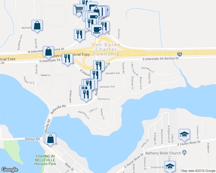 map of restaurants, bars, coffee shops, grocery stores, and more near 45250 Venetian Avenue in Belleville