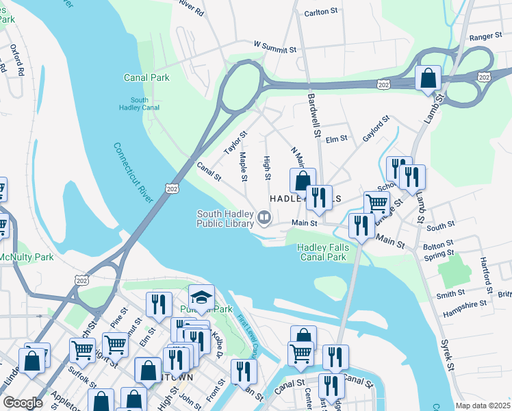 map of restaurants, bars, coffee shops, grocery stores, and more near 13 Canal Street in South Hadley