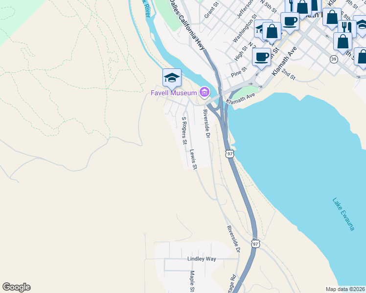map of restaurants, bars, coffee shops, grocery stores, and more near 240 South Rogers Street in Klamath Falls