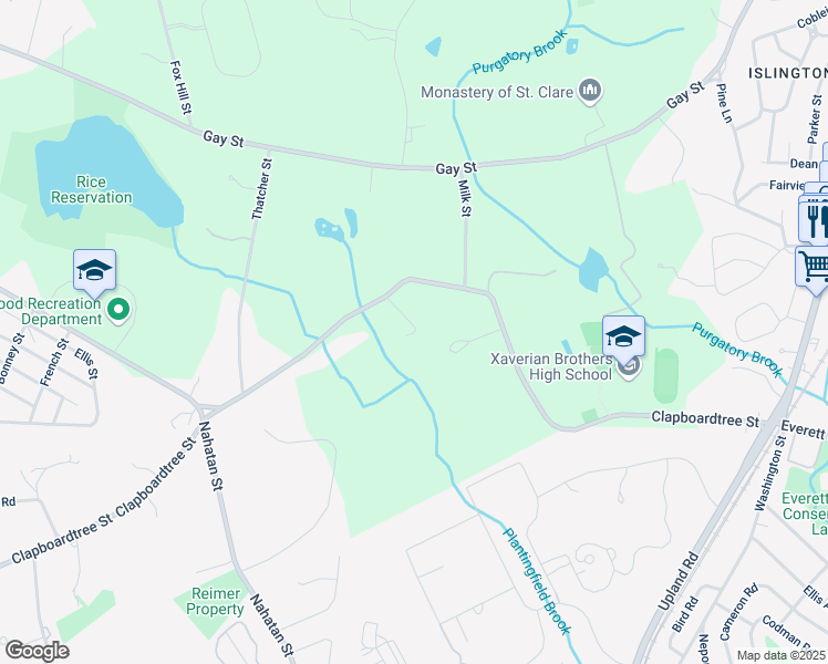 map of restaurants, bars, coffee shops, grocery stores, and more near 99 Manor Lane in Westwood