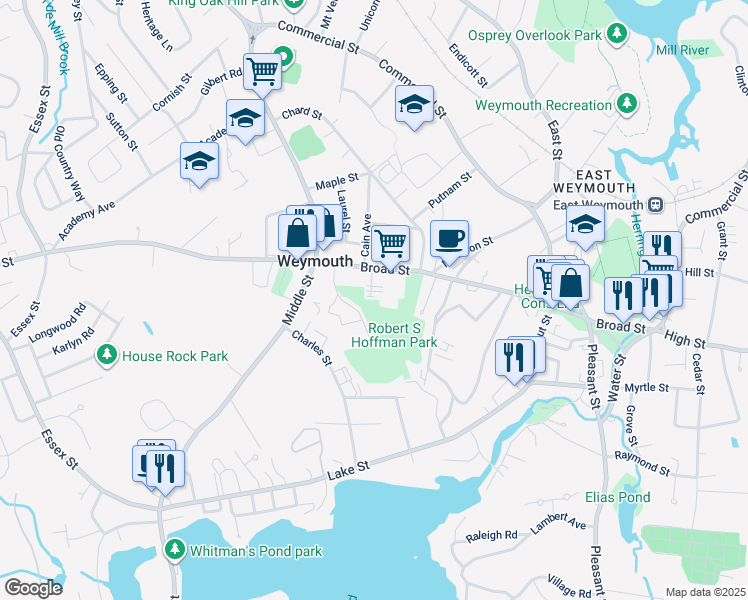 map of restaurants, bars, coffee shops, grocery stores, and more near 601 Broad Street in Weymouth
