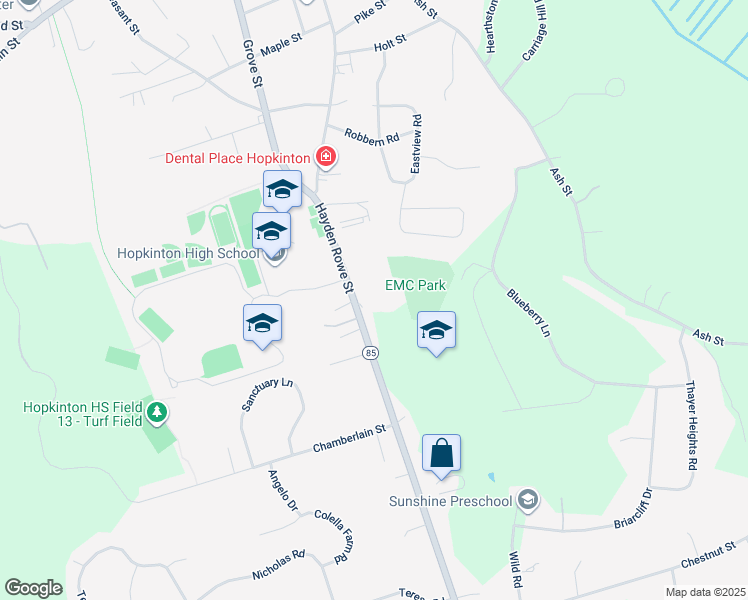 map of restaurants, bars, coffee shops, grocery stores, and more near 109 Hayden Rowe Street in Hopkinton