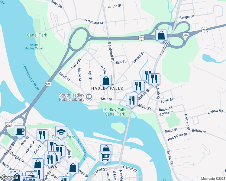 map of restaurants, bars, coffee shops, grocery stores, and more near 11 North Main Street in South Hadley