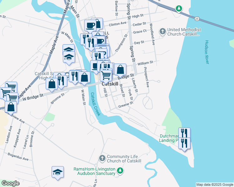 map of restaurants, bars, coffee shops, grocery stores, and more near 135 Broad Street in Catskill