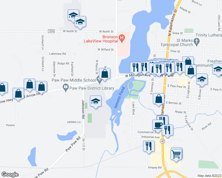 map of restaurants, bars, coffee shops, grocery stores, and more near 205 Miller Court South in Paw Paw