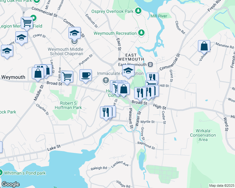 map of restaurants, bars, coffee shops, grocery stores, and more near 780 Broad Street in Weymouth