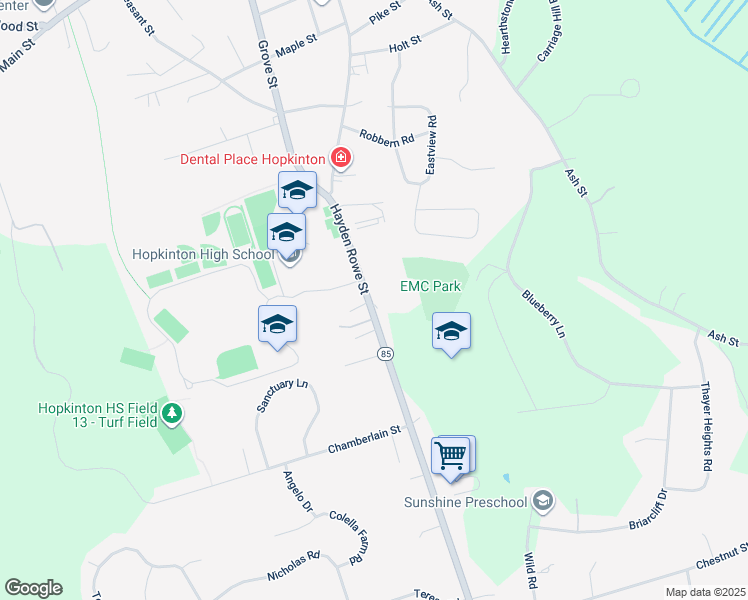 map of restaurants, bars, coffee shops, grocery stores, and more near 109 Hayden Rowe Street in Hopkinton