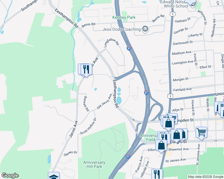 map of restaurants, bars, coffee shops, grocery stores, and more near 2 Old Jarvis Avenue in Holyoke