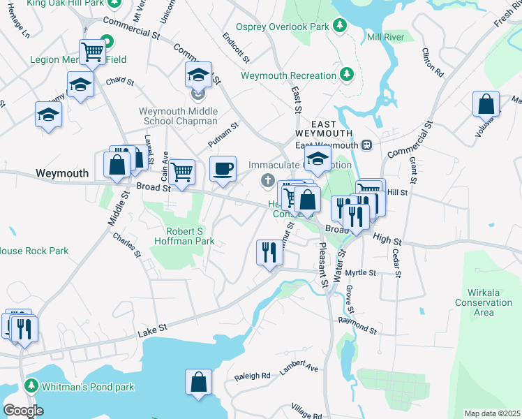 map of restaurants, bars, coffee shops, grocery stores, and more near 11 Randall Avenue in Weymouth