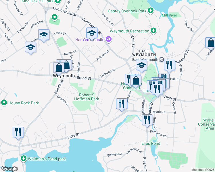 map of restaurants, bars, coffee shops, grocery stores, and more near 48 Hillcrest Road in Weymouth