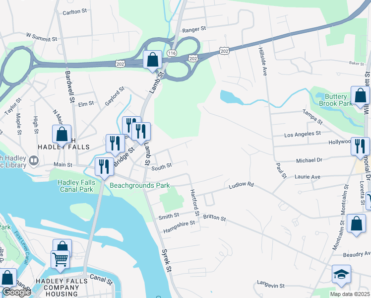map of restaurants, bars, coffee shops, grocery stores, and more near 50 South Street in South Hadley