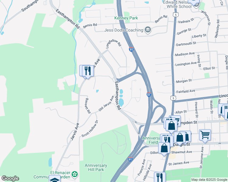 map of restaurants, bars, coffee shops, grocery stores, and more near 2 Old Jarvis Avenue in Holyoke