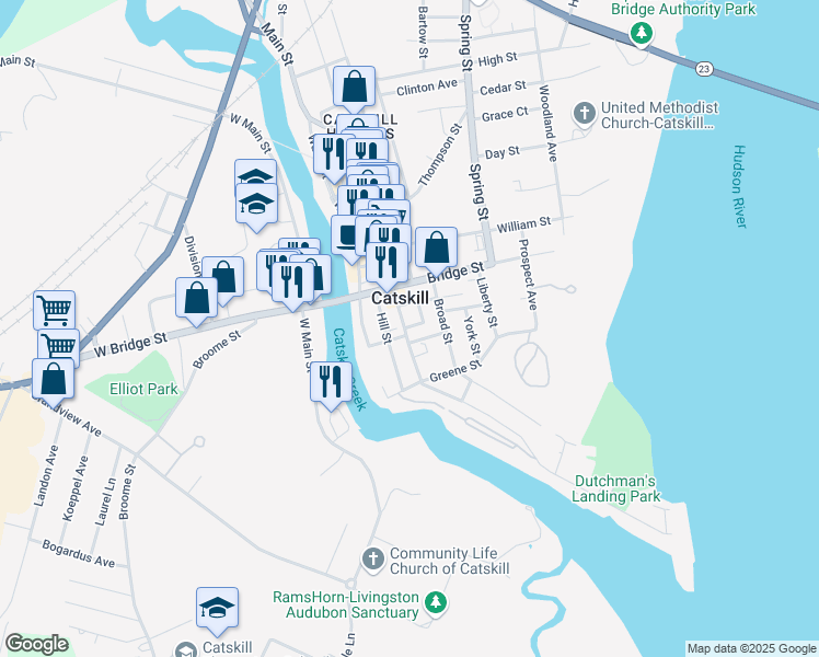 map of restaurants, bars, coffee shops, grocery stores, and more near 285 Main Street in Catskill