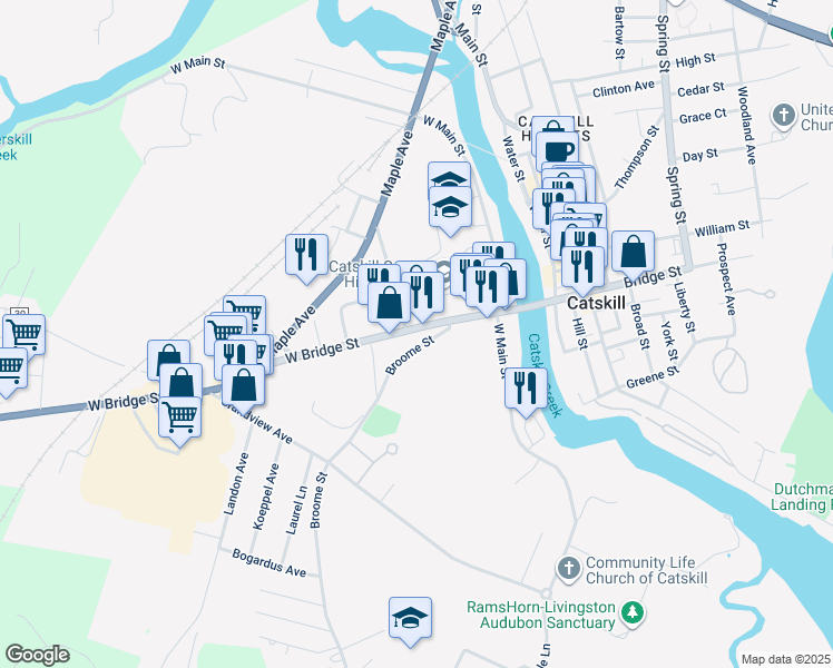 map of restaurants, bars, coffee shops, grocery stores, and more near 40-50 Broome Street in Catskill