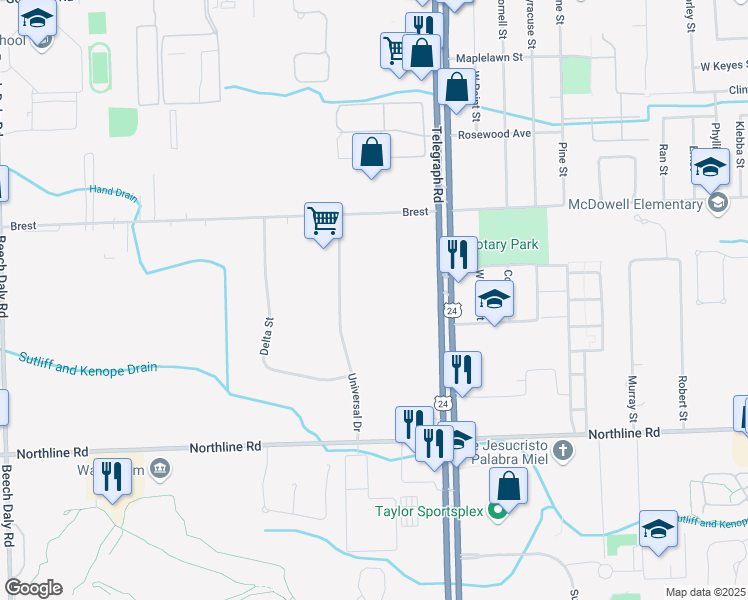 map of restaurants, bars, coffee shops, grocery stores, and more near in Taylor