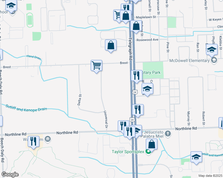 map of restaurants, bars, coffee shops, grocery stores, and more near 21100 Penn Street in Taylor