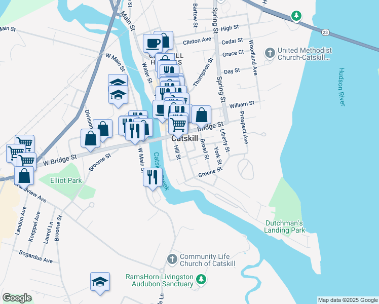 map of restaurants, bars, coffee shops, grocery stores, and more near 298 Main Street in Catskill