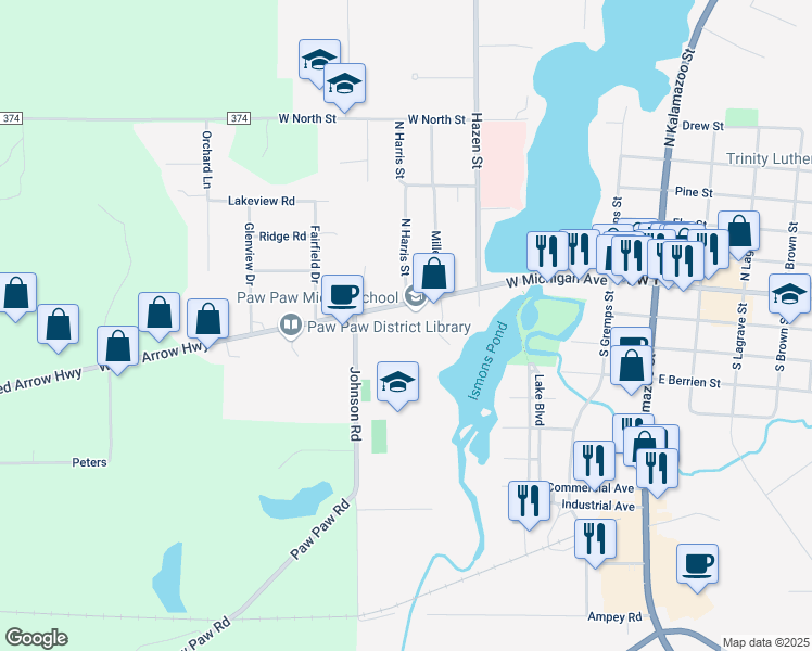 map of restaurants, bars, coffee shops, grocery stores, and more near 313 West Michigan Avenue in Paw Paw