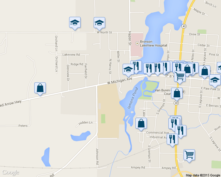 map of restaurants, bars, coffee shops, grocery stores, and more near 313 West Michigan Avenue in Paw Paw