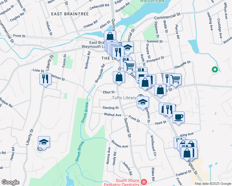 map of restaurants, bars, coffee shops, grocery stores, and more near 90 Front Street in Weymouth