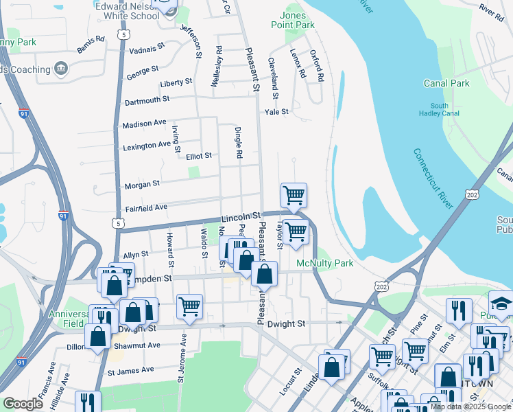 map of restaurants, bars, coffee shops, grocery stores, and more near 53 Lincoln Street in Holyoke