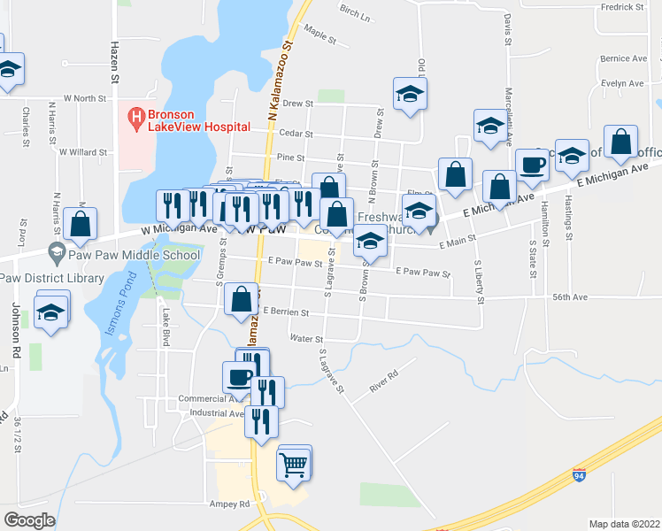 map of restaurants, bars, coffee shops, grocery stores, and more near East Paw Paw Street in Paw Paw