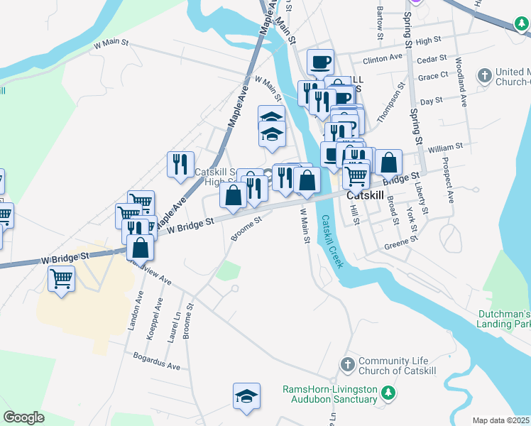 map of restaurants, bars, coffee shops, grocery stores, and more near 23 Broome Street in Catskill
