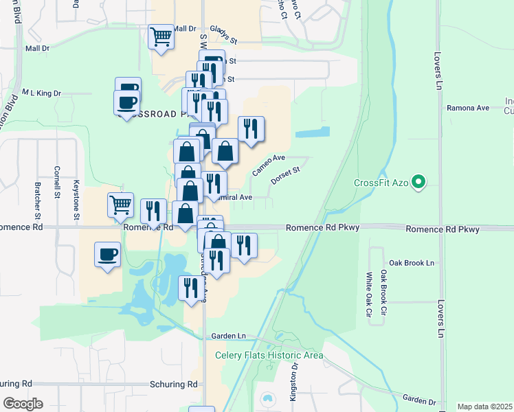 map of restaurants, bars, coffee shops, grocery stores, and more near 430 Admiral Avenue in Portage