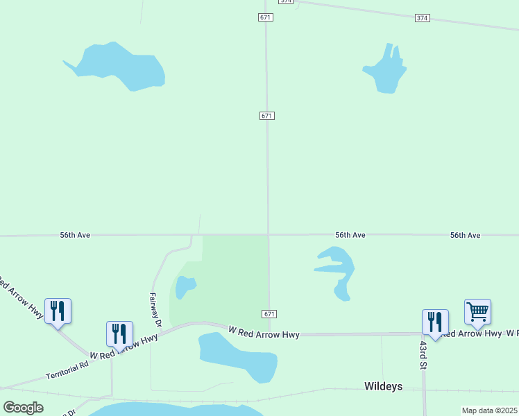 map of restaurants, bars, coffee shops, grocery stores, and more near 55764 County Road 671 in Paw Paw