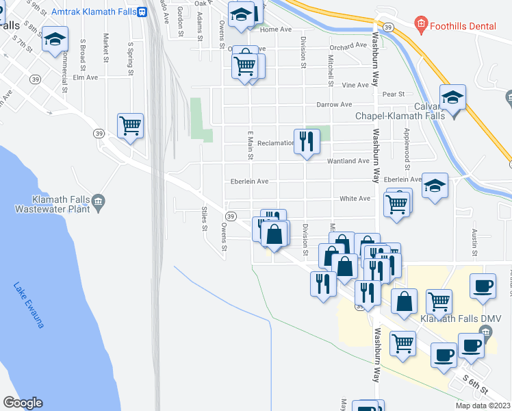 map of restaurants, bars, coffee shops, grocery stores, and more near 2110 White Avenue in Klamath Falls