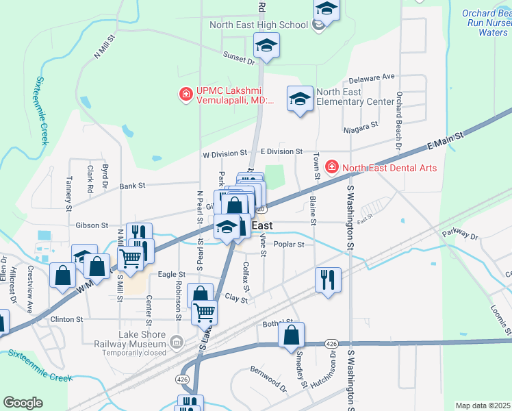 map of restaurants, bars, coffee shops, grocery stores, and more near 26 East Main Street in North East