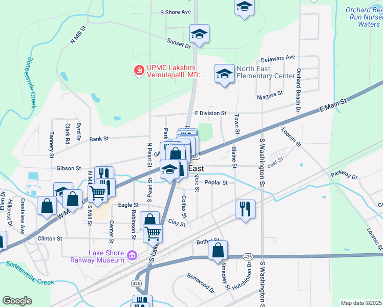 map of restaurants, bars, coffee shops, grocery stores, and more near 26 East Main Street in North East