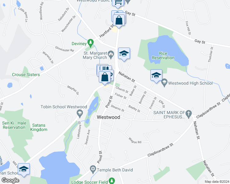 map of restaurants, bars, coffee shops, grocery stores, and more near 28 Fisher Street in Westwood