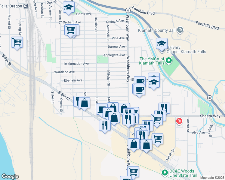map of restaurants, bars, coffee shops, grocery stores, and more near 2426 White Avenue in Klamath Falls