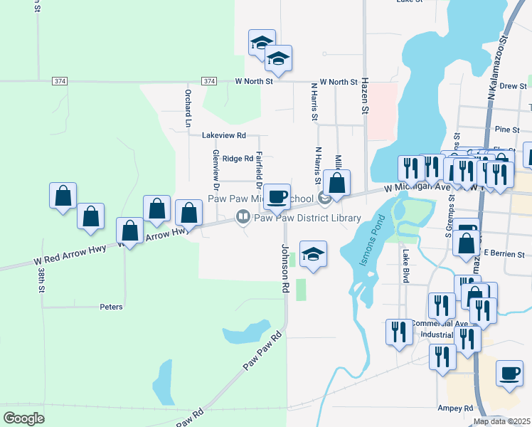 map of restaurants, bars, coffee shops, grocery stores, and more near 609 West Michigan Avenue in Paw Paw