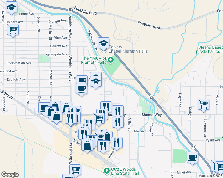 map of restaurants, bars, coffee shops, grocery stores, and more near 1445 Avalon Street in Klamath Falls