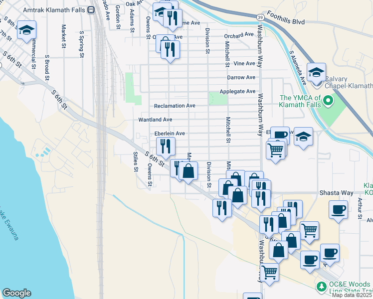 map of restaurants, bars, coffee shops, grocery stores, and more near 2141 Radcliffe Avenue in Klamath Falls