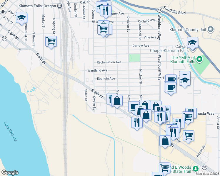 map of restaurants, bars, coffee shops, grocery stores, and more near 2141 Radcliffe Avenue in Klamath Falls