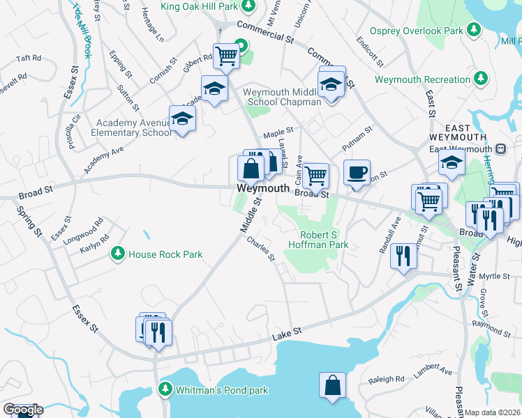 map of restaurants, bars, coffee shops, grocery stores, and more near 210-212 Middle Street in Weymouth